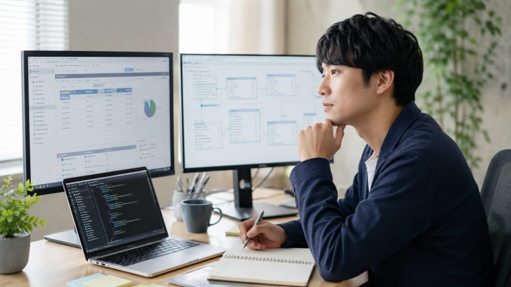 業務系エンジニアがC#とSQLの経験を社内SE転職に活かすイメージ