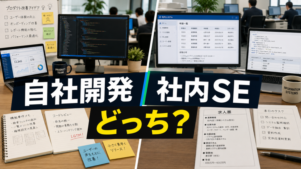 自社開発と社内SEの違いを比較するエンジニア